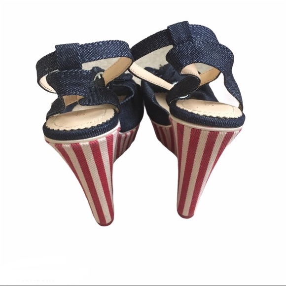 Denim Stripped Heels Peep Toe Sz.8 - Picture 5 of 7